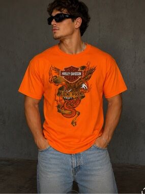 VTG 90's HarleyDavidson Bright Orange  " Ride Free' Eagle & Snake Graphic Tee Sz